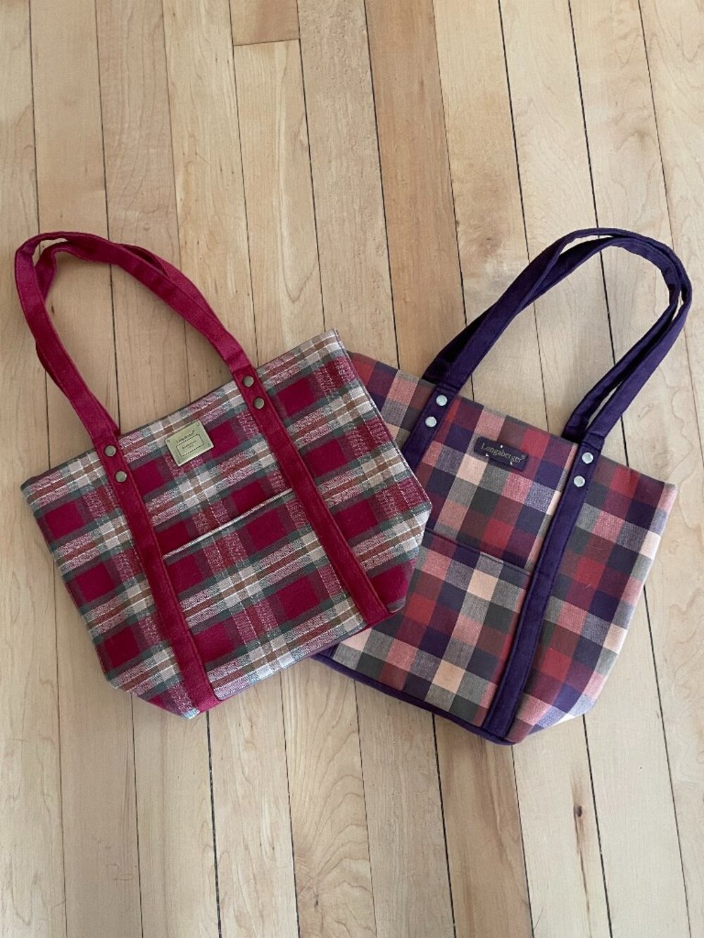 Two Longaberger Homestead Cotton Tote Bags Plaid Red & Purple